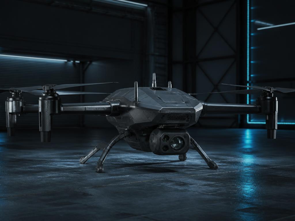 Unmanned reconnaissance drone with sensor payload in flight