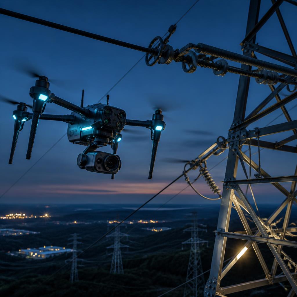 Inspection drone flying near high-voltage transmission lines at dusk